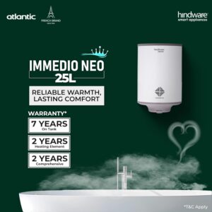 Hindware smart appliances Immedio Neo 25L Storage Water Heater With Glass-Lined Tank, 5-Star Rating And Temperature Control Knob (White and Grey) - Image 3