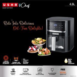 USHA Ichef Smart Air Fryer 4.5L,10 In 1 Functions10 Preset Menu|Digital Display&Touch Panel|Transparent Window|Illuminated Chamber|Turbo Air Circulation|Oil Free Cooking|Auto Pause/Start(Black),1350W - Image 3