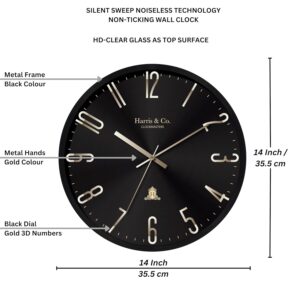 HARRIS & CO. CLOCKMASTERS Silent Sweep Noiseless Technology Analog Wall Clock With Metal Golden 3D Numbers (14 Inch, Black Metal Frame & Dial, Model - Jermyn Street) - Image 3