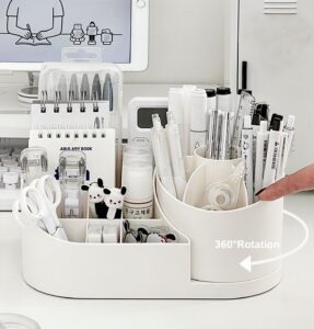 Shrigana 360 Degree Rotating Desk Makeup Brush Organizers and Pencil Pen Organizers for Desk Desktop Storage Stationery Supplies Cute Pencil Cup Pot for Office School Home (White) - Image 2
