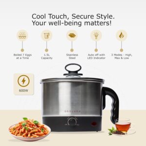 SOLARA Multipurpose Electric Kettle 1.5 litre, Stainless Steel Body with Glass Lid, kettle for hot Water, milk, Tea and Coffee, Egg boiler machine, Kettle for cooking Oats, Noodles, Soup | Black - Image 3