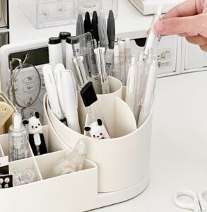 Shrigana 360 Degree Rotating Desk Makeup Brush Organizers and Pencil Pen Organizers for Desk Desktop Storage Stationery Supplies Cute Pencil Cup Pot for Office School Home (White) - Image 7