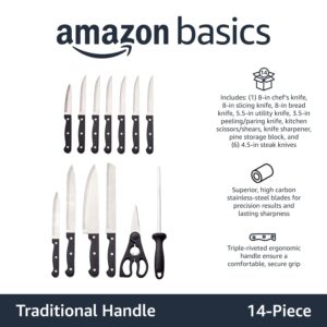 amazon basics Stainless Steel Knife Set with High-carbon Blades and Pine Wood Block, 14 Pieces - Image 3