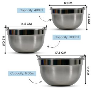 HOME BARGAINS Stainless Steel Mixing Bowls for Kitchen, Serving Bowl with air Tight lid | Food Storage Bowls with BPA Free Food Safe lid Set of 3 (400ml, 1000ml, 1700ml) - Image 5