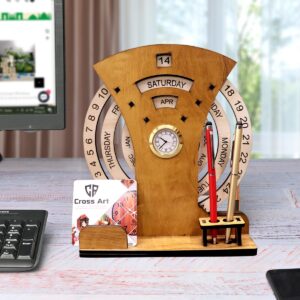 WOODEN CALENDAR WITH DESK ORGANIZER AND CLOCK - PREMIUM DARK WOOD ANTIQUE LOOK FOR OFFICE AND HOME DECOR,CORPORATE GIFTS, ECO-FRIENDLY DESIGN AND TABLE DESK, DECORATIVE GIFTS SIZE 9.5 * 7 * 2 IN - Image 2