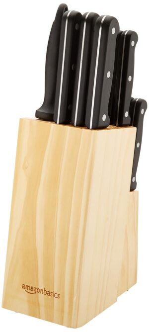 amazon basics Stainless Steel Knife Set with High-carbon Blades and Pine Wood Block, 14 Pieces - Image 6