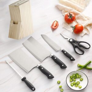 wolpin 6 Pcs Kitchen Knife Set with Wooden Block, 3 Knives, 1 Scissor, 1 Wooden Case and Knife Sharpner High Carbon Stainless Steel, Double Rivet Strong Handle, Cooking, Cutting, Slicing - Image 3