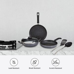 Amazon Brand - Solimo 6 Piece Non-Stick Cookware Set | Granite Finish | Induction Base | PFOA Free | HTR Exterior Coating | 25cm Tawa, 22 cm Kadai, 22cm Fry Pan, 1 Glass Lid & 2 Nylon Spatulas | Grey - Image 5