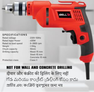 IBELL Electric Drill ED06-91, 400W, Copper Armature, 2800 RPM, Chuck 10 mm Forward/Reverse for Wood & Metal Work with Variable Speed Control - Image 3