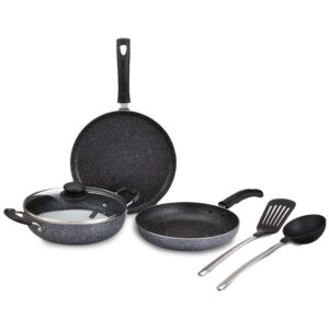 Amazon Brand - Solimo 6 Piece Non-Stick Cookware Set | Granite Finish | Induction Base | PFOA Free | HTR Exterior Coating | 25cm Tawa, 22 cm Kadai, 22cm Fry Pan, 1 Glass Lid & 2 Nylon Spatulas | Grey - Image 2