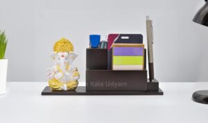 Electrum Kala udyam Ganesha with MDF Pen Stand/Card/Desk Organizer, Business Card Holder (GOLDWHITEMUKUTSTAND2) - Image 3