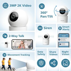 PHILIPS 3MP Wi-Fi Indoor 360 Degree Security Camera | CCTV for Home | 2K(1296p) Resolution, Pan Tilt Zoom, 2-Way Talk, Motion & Sound Detection | HSP3500 White - Image 3