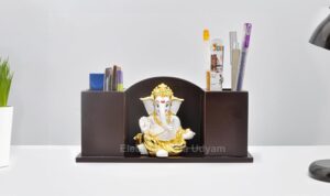 Electrum Kala udyam Ganesha with MDF Pen Stand/Card/Mobile Holder - Desk Organizer, Business Card Holder, Smartphone Stand (GOLDWHITEGADDISTAND1) - Image 3