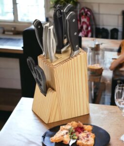 SWH Wooden Knife Stand/Holder with 6 Universal Knife Slot, 1 Sharpener Rod & Scissor Slot Each- Knife Holder for Kitchen in Pine Wood - Image 6