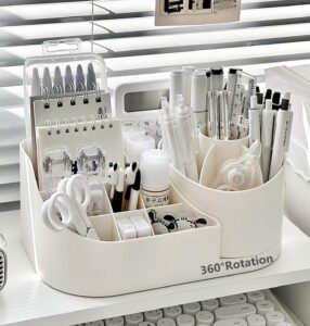 Shrigana 360 Degree Rotating Desk Makeup Brush Organizers and Pencil Pen Organizers for Desk Desktop Storage Stationery Supplies Cute Pencil Cup Pot for Office School Home (White) - Image 8