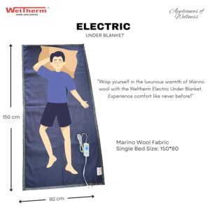 WELTHERM Signature Premium Marino Wool Electric Bed Warmer - Electric Under Blanket - Single Bed Size (150cms x 80cms) with 4 Heat Settings & Multizone Heating (Upper Body and Lower Body) (Blue)| TC - 300 - Image 5