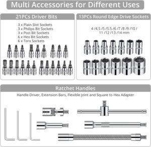 Kwinto 46 In 1 Pcs Tool Kit & Screwdriver and Socket Set,Hand Tool Kit Wrench Set Multi Purpose Combination Tool Case Precision Socket Set,Bike Tool Kit Set All Bike, Car Tool Kit Set Multicolour - Image 3