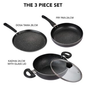 Cello Premium Induction Non Stick Cookware Kitchenova Gift Set of 3 (Dosa Tawa 28 cm, Fry Pan 24 cm, Kadai with Glass Lid 24 cm) | Black - Image 6