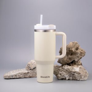 BlendLife Insulated Premium Vacuum Tumbler with Handle, Lid, and Straw - Thermal Stainless Steel Travel Mug, Double-Walled for Water, Iced Tea or Coffee, 1.2 litres, 1-Year Warranty - Cream - Image 7