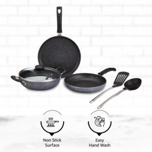 Amazon Brand - Solimo 6 Piece Non-Stick Cookware Set | Granite Finish | Induction Base | PFOA Free | HTR Exterior Coating | 25cm Tawa, 22 cm Kadai, 22cm Fry Pan, 1 Glass Lid & 2 Nylon Spatulas | Grey - Image 3