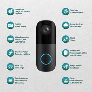 wipro Smart Wi-Fi Video Doorbell | 2 MP 1080p Full HD Camera with Night Vision | Two-Way Communication | AI Motion Detection | Indoor Chime with 50 Tunes | Rain & Dust Proof | Black - Image 4