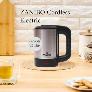 Zanibo | Since 1997 | 0.5 Litre Electric Kettle for Hot Water, Stainless Steel with Auto/Manual Thermostat Protection, Double Layered Cool Touch, Half Litre Cordless Kettle for Tea & Coffe | Silver - Image 3