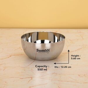 Sumeet Heavy Gauge Stainless Steel Big Size Apple Bowl/Wati/Katori with Mirror Finish – 12.2cm Dia, set of 6pc, 550ML Each, Silver - Image 5