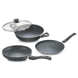 Prestige Svachh Granite Non-Stick 3-Piece Set Cookware |Dual Non-Stick Delight|Omni Tawa - 28cm Dia, Kadai with GlassLid - 24cm Dia, Fry Pan - 24cm Dia|Gas and Induction Compatible|Easy Care - Image 2