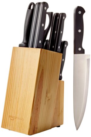 amazon basics Stainless Steel Knife Set with High-carbon Blades and Pine Wood Block, 14 Pieces - Image 2