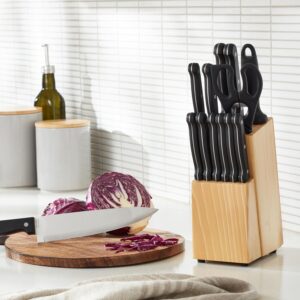 amazon basics Stainless Steel Knife Set with High-carbon Blades and Pine Wood Block, 14 Pieces - Image 9