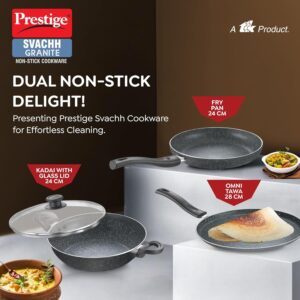 Prestige Svachh Granite Non-Stick 3-Piece Set Cookware |Dual Non-Stick Delight|Omni Tawa - 28cm Dia, Kadai with GlassLid - 24cm Dia, Fry Pan - 24cm Dia|Gas and Induction Compatible|Easy Care - Image 3