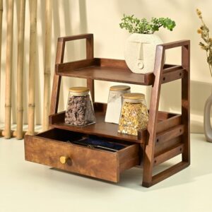 Brick Brown Premium Handcrafted Versatile Floor Mount Organizer With Drawer Kitchen Storage Corner Shelf/Spice Rack/Shelf/Wooden Organizer/Living Room Organizer (18X18X10.7Inch) - Image 8