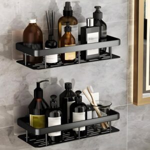 JIALTO 2 Pcs Aluminium Heavy Duty Self Adhesive Bathroom Accessories Set Bathroom Kitchen Shelf Rack, Multipurpose Wall Mounted Washroom Organizer (Black) - Image 2