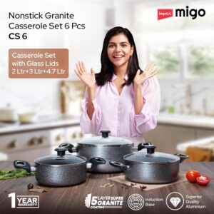 Impex Cook and Serve Casserole Set 6 Pcs Nonstick Granite Cookware Set with Glass Lid | Sauce Pans Combo with Induction Bottom | Non-Stick Cookware Set | Aluminium Casserole Set 4.7L, 3L and 2L - Image 3