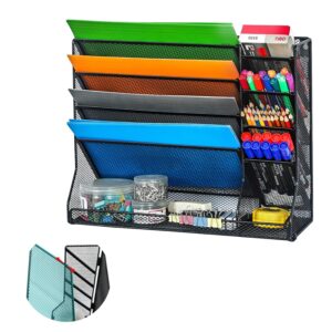 File Organizor Wall Mounted 4 Tiers Durable Metal Vertical Haning With 4 Pen Slots and Stable R-shaped Bottom Tray to Sort File, Mail, Newspaper,Pen, Suitable for Office and Home, Black - Image 2