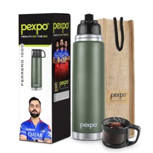 Pexpo Fererro Pro |ISI Certified|Vacuum Insulated Hot & Cold Stainless Steel Flask|Jute Bag|- 1000ml Military Green |Steel Bottle|Thermoflask|Travelling|School & Trekking|Office | Limited RCB Edition - Image 2