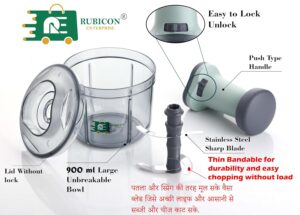 Rubicon® Manual Food Chopper | Stainless Steel & ABS Build | 4-Blade, Push-Style Vegetable, Fruit, & Meat Chopper | 900ml Capacity for Kitchen Prep - Image 3