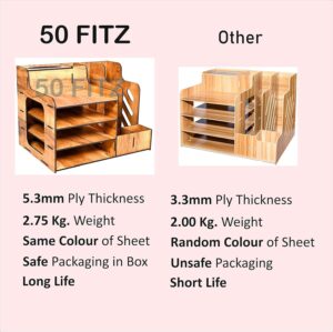 50 FITZ Wooden Desk Organiser For Office, Multi Functional Desktop Organiser. Storage For File,Pen,Tissue,Printer Paper, Calculatore Etc.(Ready Assambled) (Pack Of 1) (Symphony), Inside, Brown - Image 3