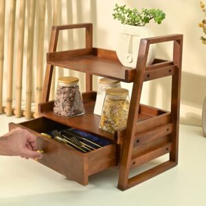 Brick Brown Premium Handcrafted Versatile Floor Mount Organizer With Drawer Kitchen Storage Corner Shelf/Spice Rack/Shelf/Wooden Organizer/Living Room Organizer (18X18X10.7Inch) - Image 6