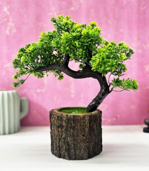 Dekorly Plastic Small Artificial Plant Bonsai Tree Fake Plant Potted House Plants Japanese Pine Bonsai Plant Faux Bonsai For Home Indoor Decoration Office(Wooden Potted Plants,Design-H) - Image 2