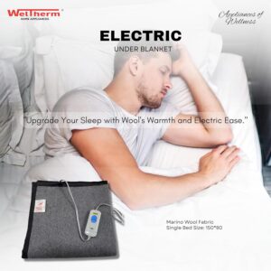 WELTHERM Signature Premium Marino Wool Electric Bed Warmer - Electric Under Blanket - Single Bed Size (150cms x 80cms) with 4 Heat Settings & Multizone Heating (Upper Body and Lower Body) (Grey)| TC - 400 - Image 3