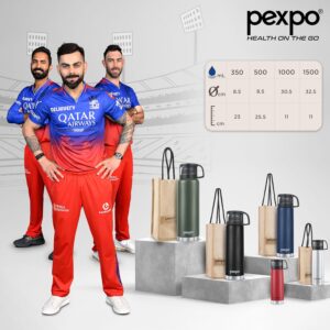 Pexpo Fererro Pro |ISI Certified|Vacuum Insulated Hot & Cold Stainless Steel Flask|Jute Bag|- 1000ml Military Green |Steel Bottle|Thermoflask|Travelling|School & Trekking|Office | Limited RCB Edition - Image 3