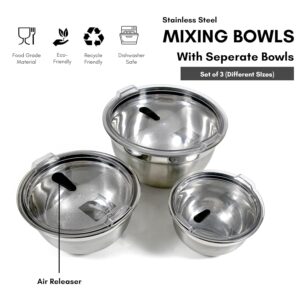 HOME BARGAINS Stainless Steel Mixing Bowls for Kitchen, Serving Bowl with air Tight lid | Food Storage Bowls with BPA Free Food Safe lid Set of 3 (400ml, 1000ml, 1700ml) - Image 3