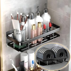 JIALTO 2 Pcs Aluminium Heavy Duty Self Adhesive Bathroom Accessories Set Bathroom Kitchen Shelf Rack, Multipurpose Wall Mounted Washroom Organizer (Black) - Image 4