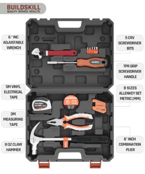 BUILDSKILL 19 Pieces Hand Tool Kit for Home | 3 Meter Auto Measuring Tape | Electrical Tape | Claw Hammer | Screw Driver Handle | Allen Key Set | Wrench | Multi-purpose Home tools box kit - Image 3