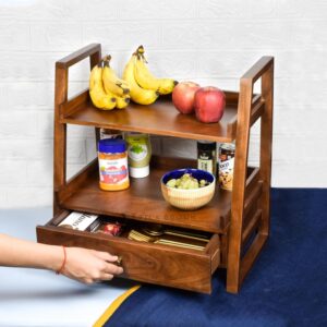 Brick Brown Premium Handcrafted Versatile Floor Mount Organizer With Drawer Kitchen Storage Corner Shelf/Spice Rack/Shelf/Wooden Organizer/Living Room Organizer (18X18X10.7Inch) - Image 10