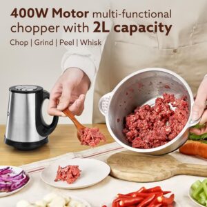 AGARO Delite Vegetable & Meat Chopper for Kitchen, Garlic Peeler, Egg Whisker, 2L Bowl, 400W Motor, 3 Speed Settings, Meat Grinder, Vegetable Mixer, Stainless Steel Body, Onion, Garlic, Fruits. - Image 3