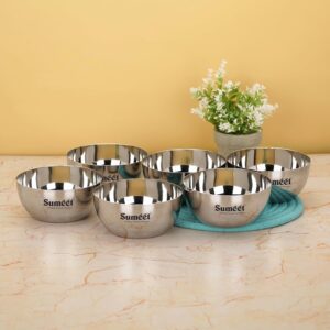 Sumeet Heavy Gauge Stainless Steel Big Size Apple Bowl/Wati/Katori with Mirror Finish – 12.2cm Dia, set of 6pc, 550ML Each, Silver - Image 2