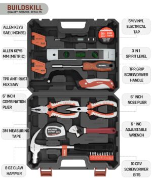 BUILDSKILL 37 Pieces Hand Tool Kit for Home | 3m Auto Measuring Tape | Adjustable Wrench | Nose Plier | Line Tester | Spirit Level | Electrical Tape & More | Multi-purpose Tools Kit For Home Use - Image 3