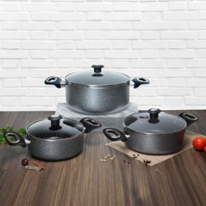 Impex Cook and Serve Casserole Set 6 Pcs Nonstick Granite Cookware Set with Glass Lid | Sauce Pans Combo with Induction Bottom | Non-Stick Cookware Set | Aluminium Casserole Set 4.7L, 3L and 2L - Image 8